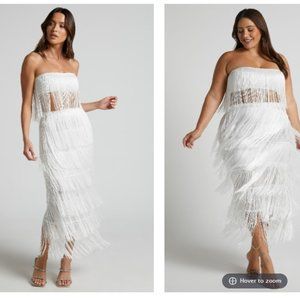 AMALEE FRINGE STRAPLESS CROP TOP AND MIDI SKIRT TWO PIECE SET IN WHITE